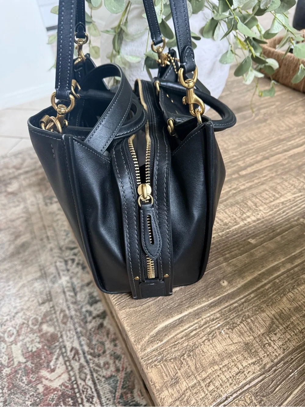 Coach Navy Black Leather Satchel with Gold Hardware